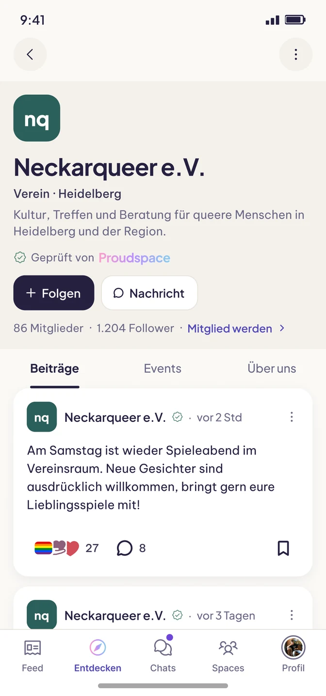 App-Vorschau: Profil des Beispiel-Vereins Neckarqueer e. V. mit Beiträgen, Events und Mitgliedern